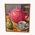 Small Original Framed Pink Teapot Still Life Oil Painting