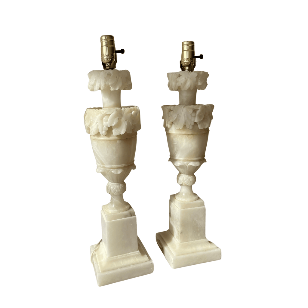 Pair of Italian Hand-Carved Alabaster Acanthus Lamps