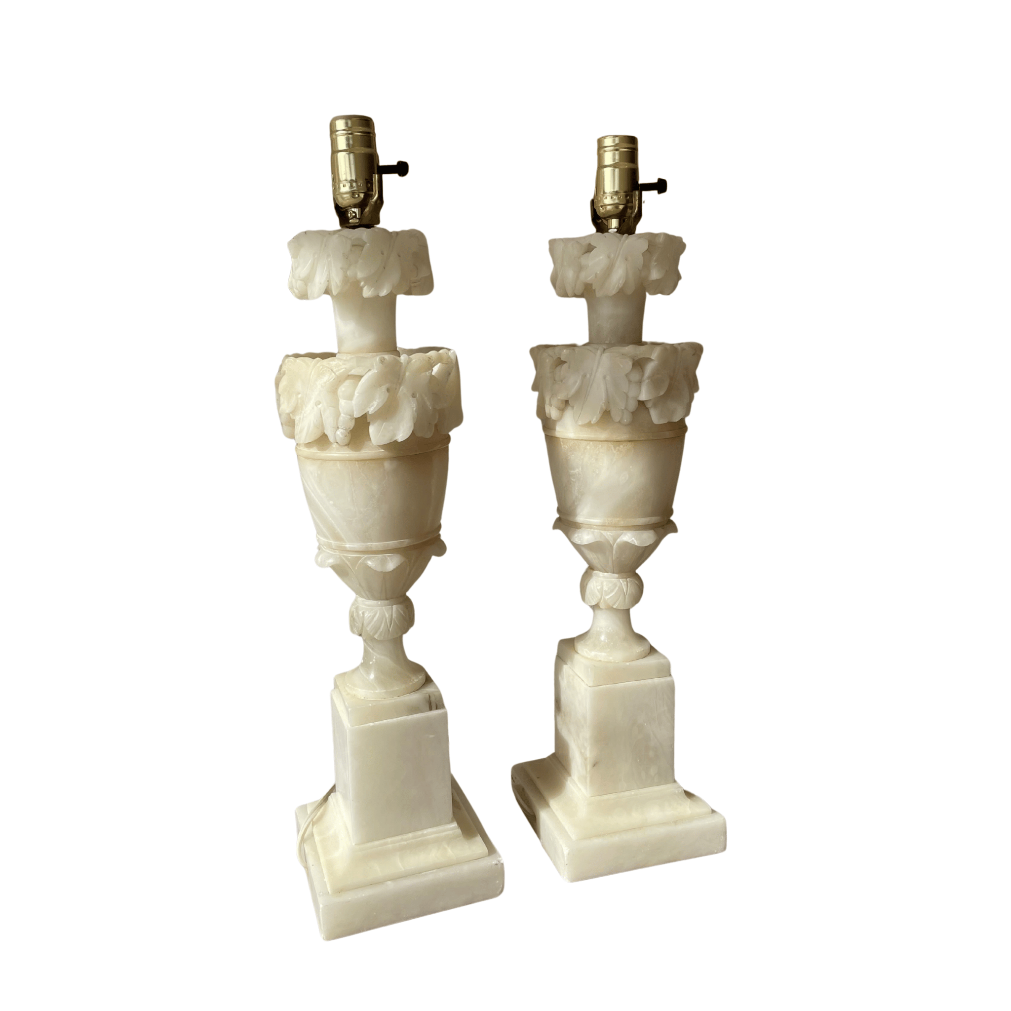 Pair of Italian Hand-Carved Alabaster Acanthus Lamps