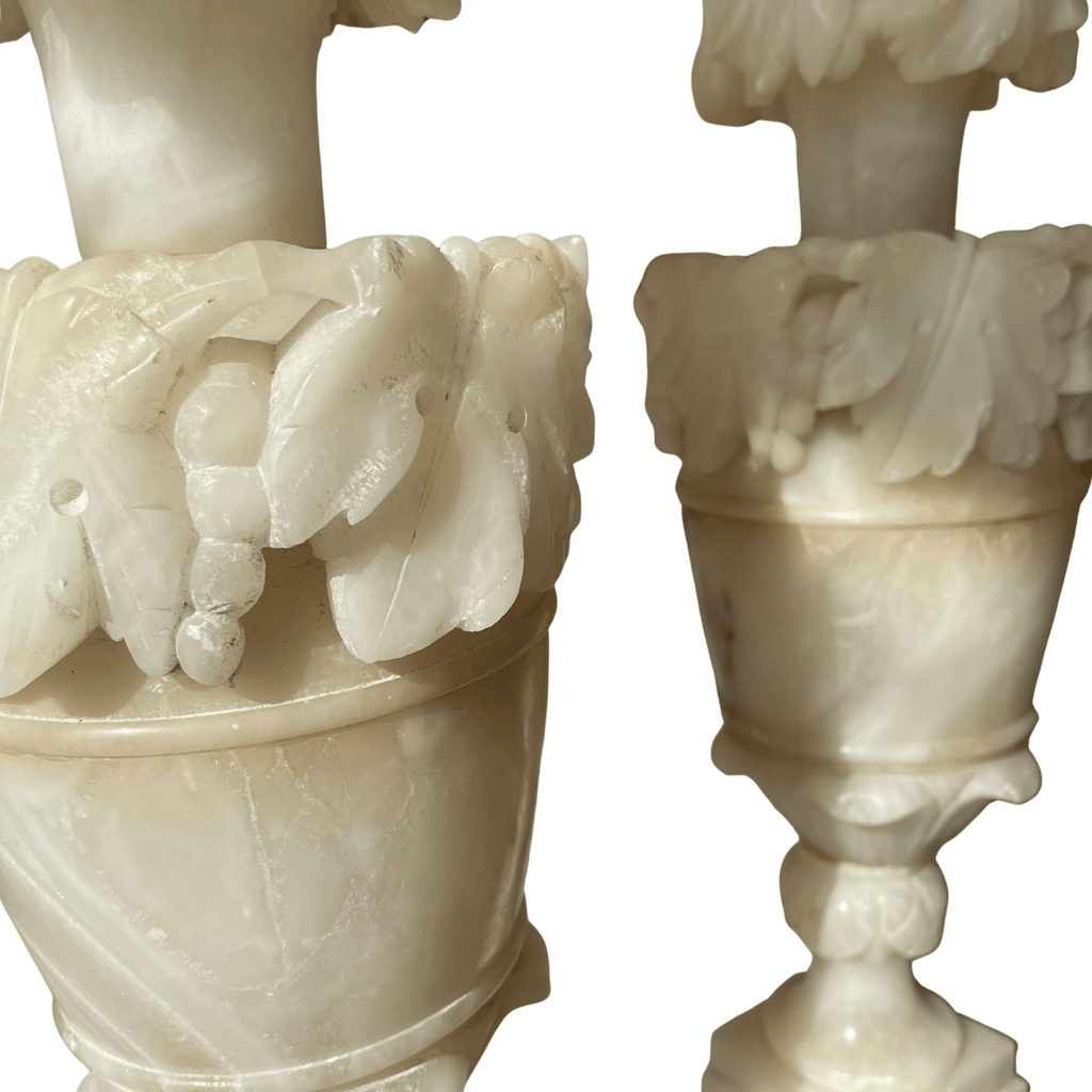 Pair of Italian Hand-Carved Alabaster Acanthus Lamps