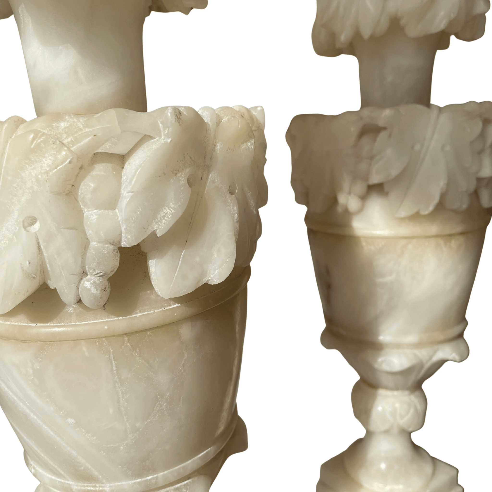 Pair of Italian Hand-Carved Alabaster Acanthus Lamps