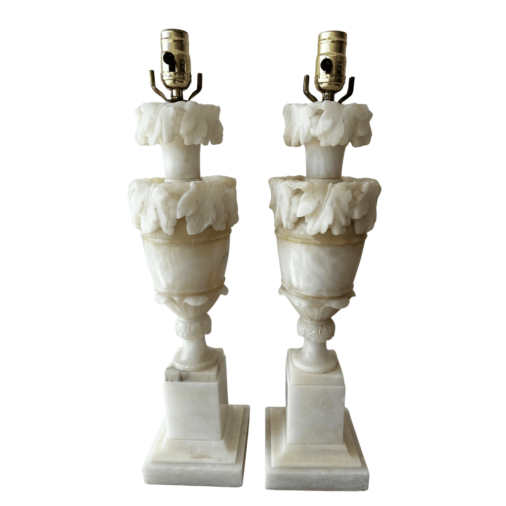 Pair of Italian Hand-Carved Alabaster Acanthus Lamps