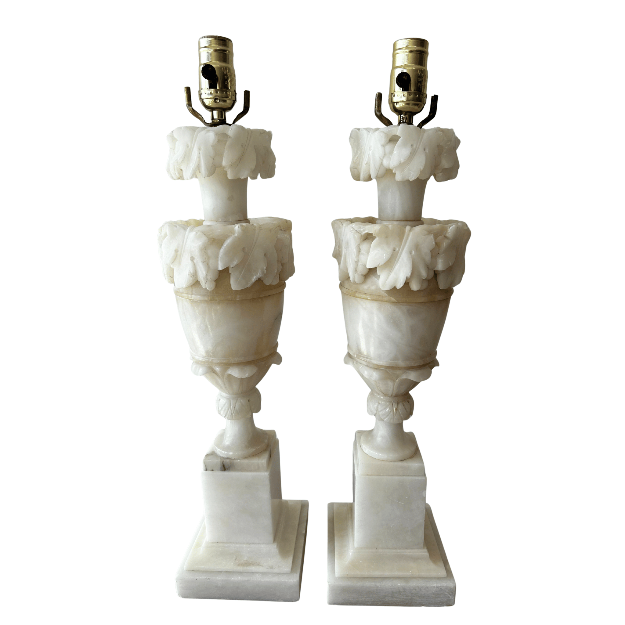 Pair of Italian Hand-Carved Alabaster Acanthus Lamps