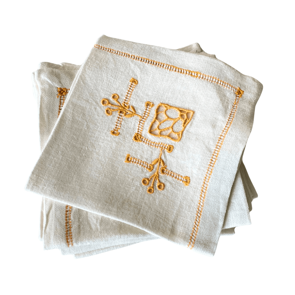 Vintage French Hand-Embroidered Linen Cocktail Napkins, Set of 6