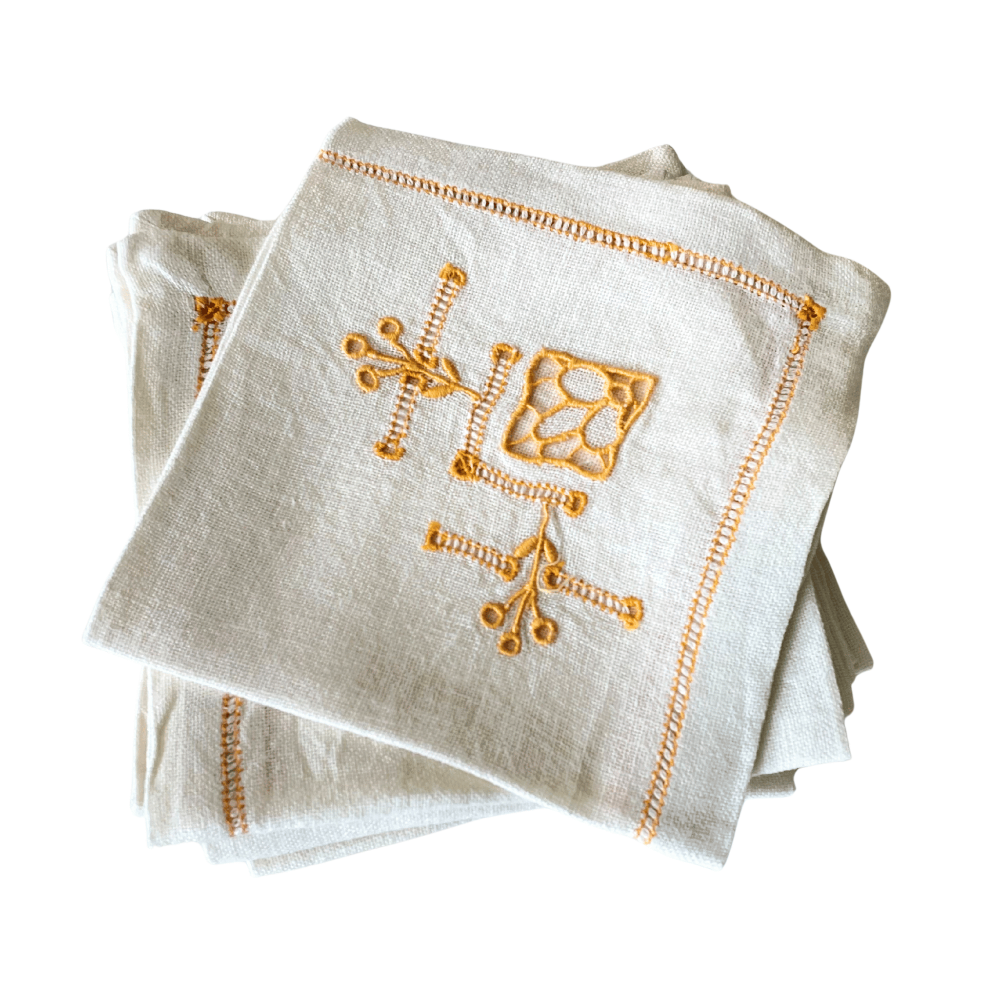 Vintage French Hand-Embroidered Linen Cocktail Napkins, Set of 6