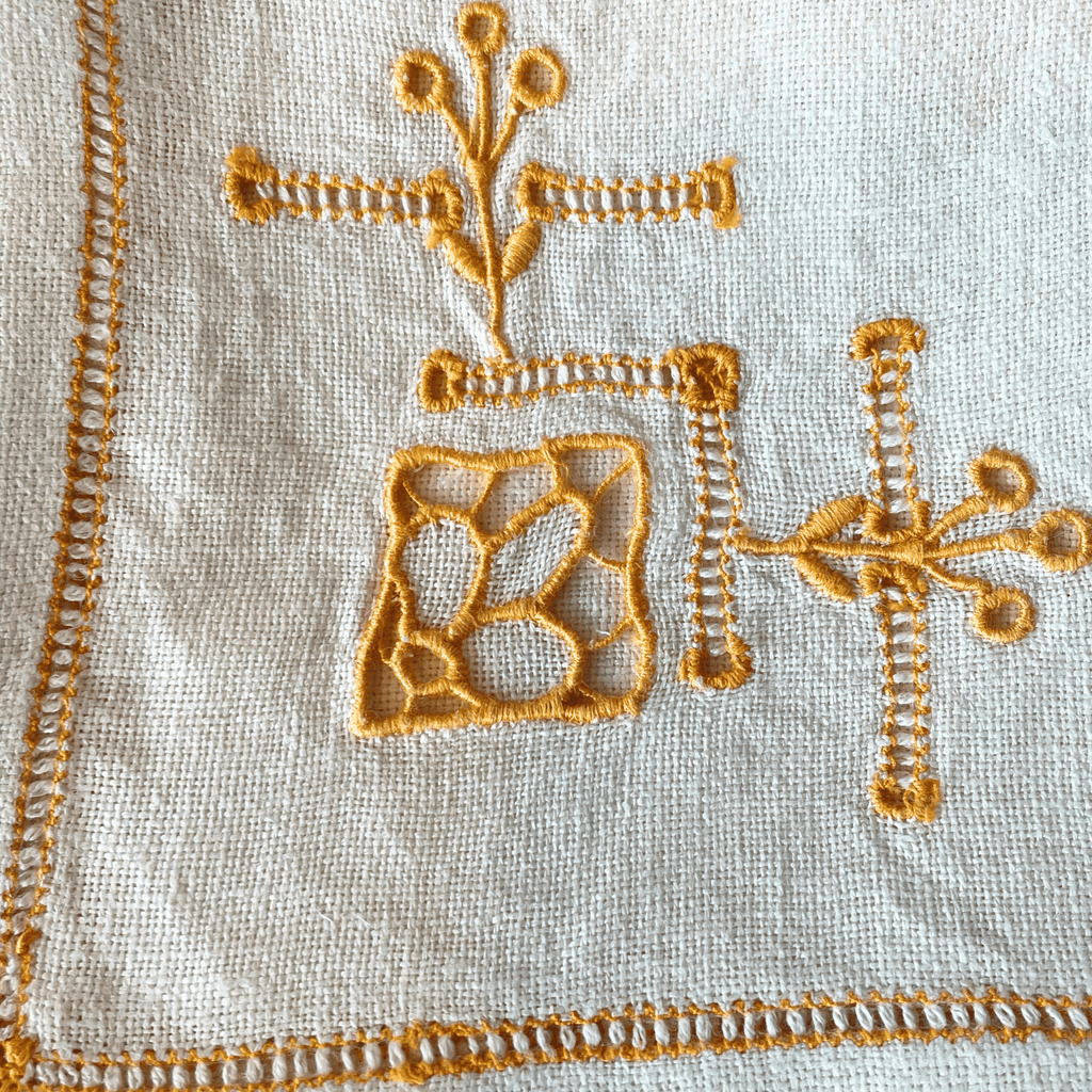 Vintage French Hand-Embroidered Linen Cocktail Napkins, Set of 6
