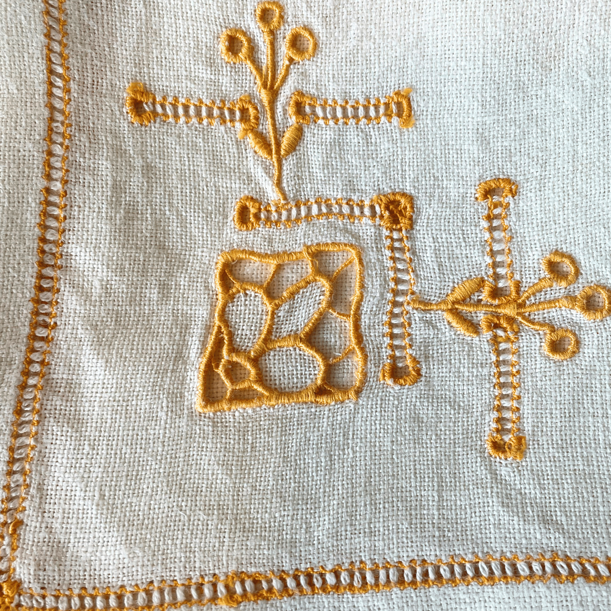 Vintage French Hand-Embroidered Linen Cocktail Napkins, Set of 6