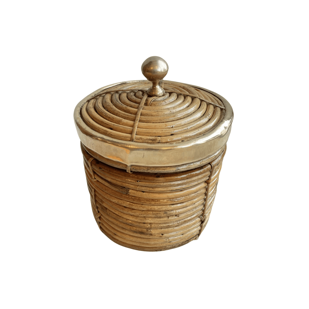 Pencil Reed and Brass Lidded Basket 12" H x 8.5" W
