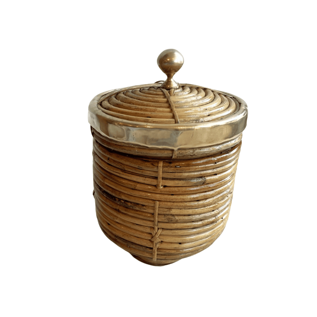 Pencil Reed and Brass Lidded Basket 12" H x 8.5" W