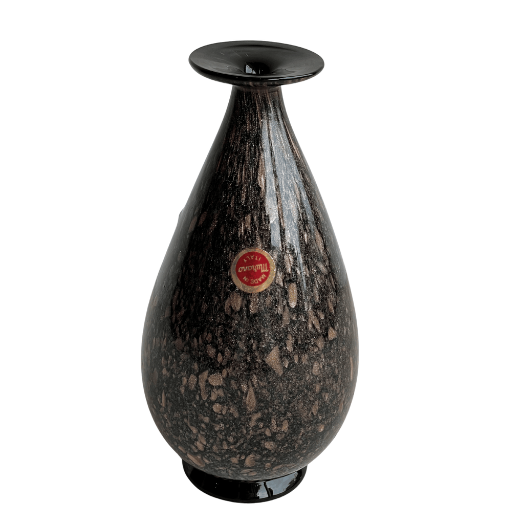 Vintage Murano Black Glass Vase with Gold-Copper Flecks