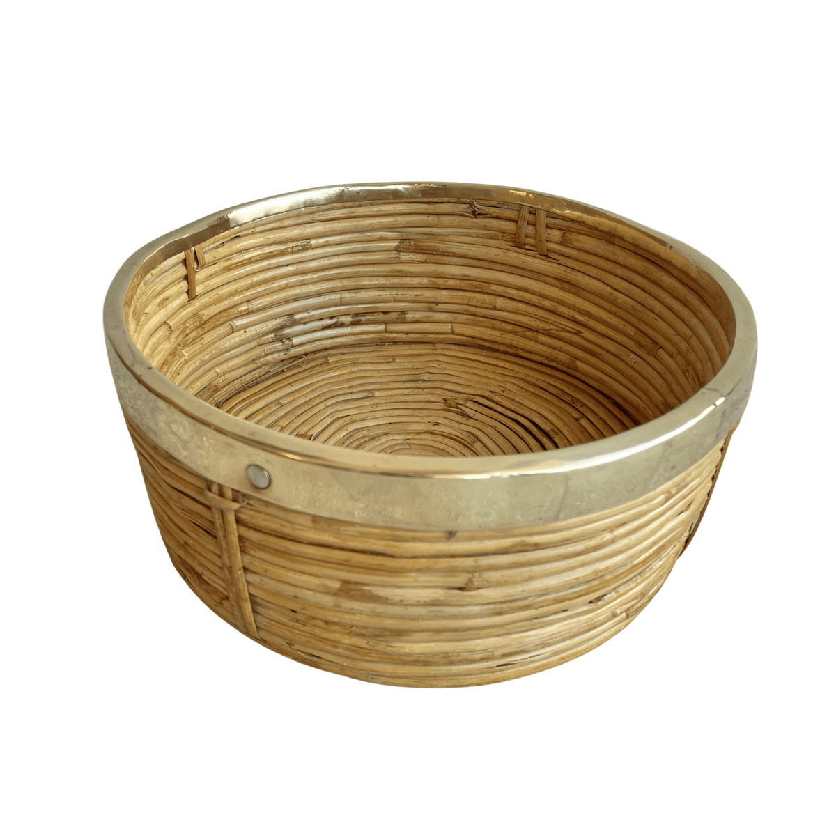 Vintage Pencil Reed and Brass Round Basket Bowl