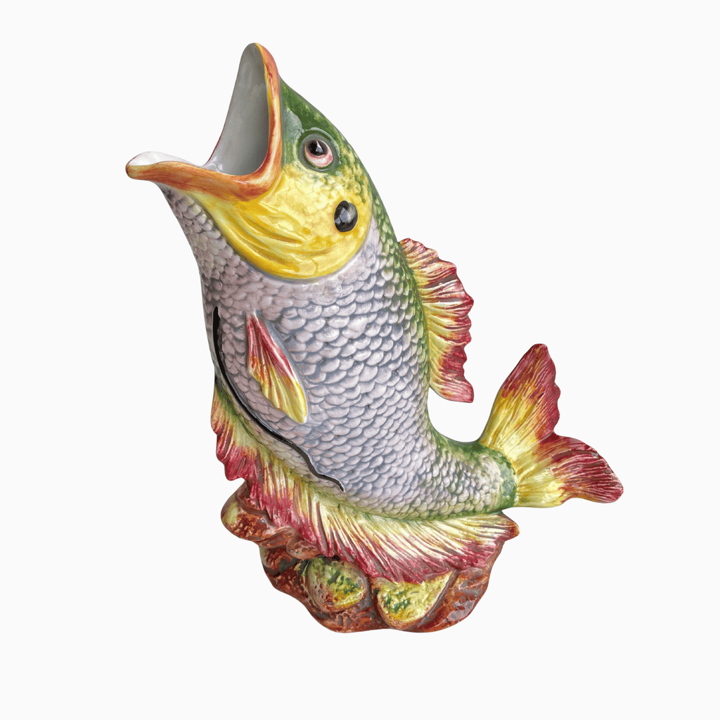 Vintage Italian Fish Pitcher in Green, Yellow & Red, Tall Form