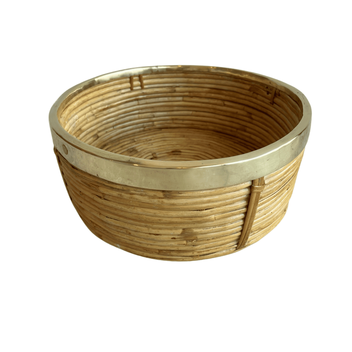 Vintage Pencil Reed and Brass Round Basket Bowl