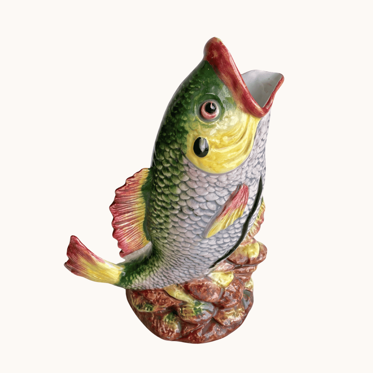 Vintage Italian Fish Pitcher in Green, Yellow & Red, Tall Form