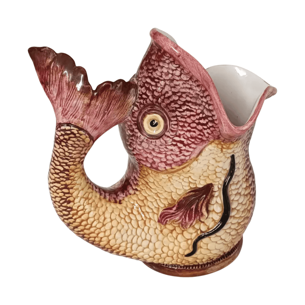 Vintage Italian Fish Pitcher in Burgundy & Cream