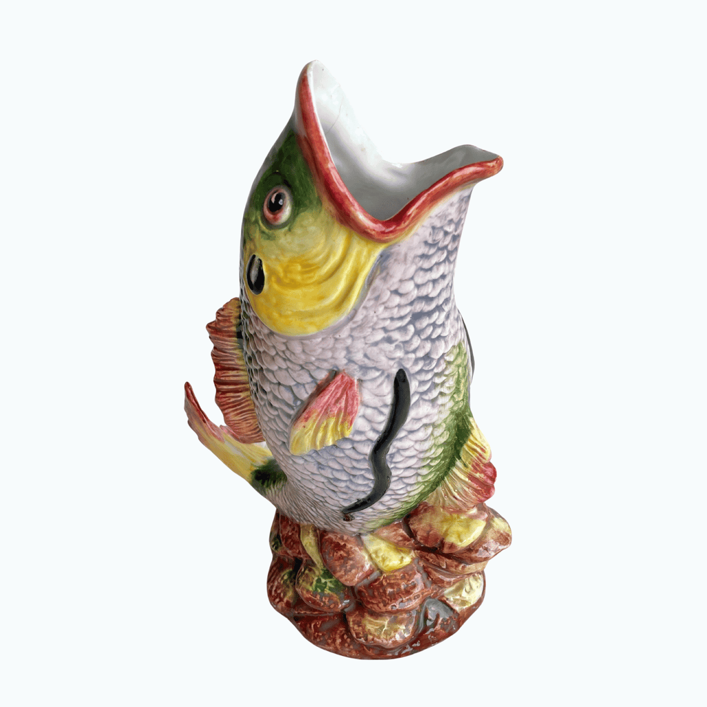 Vintage Italian Fish Pitcher in Green, Yellow & Red, Tall Form