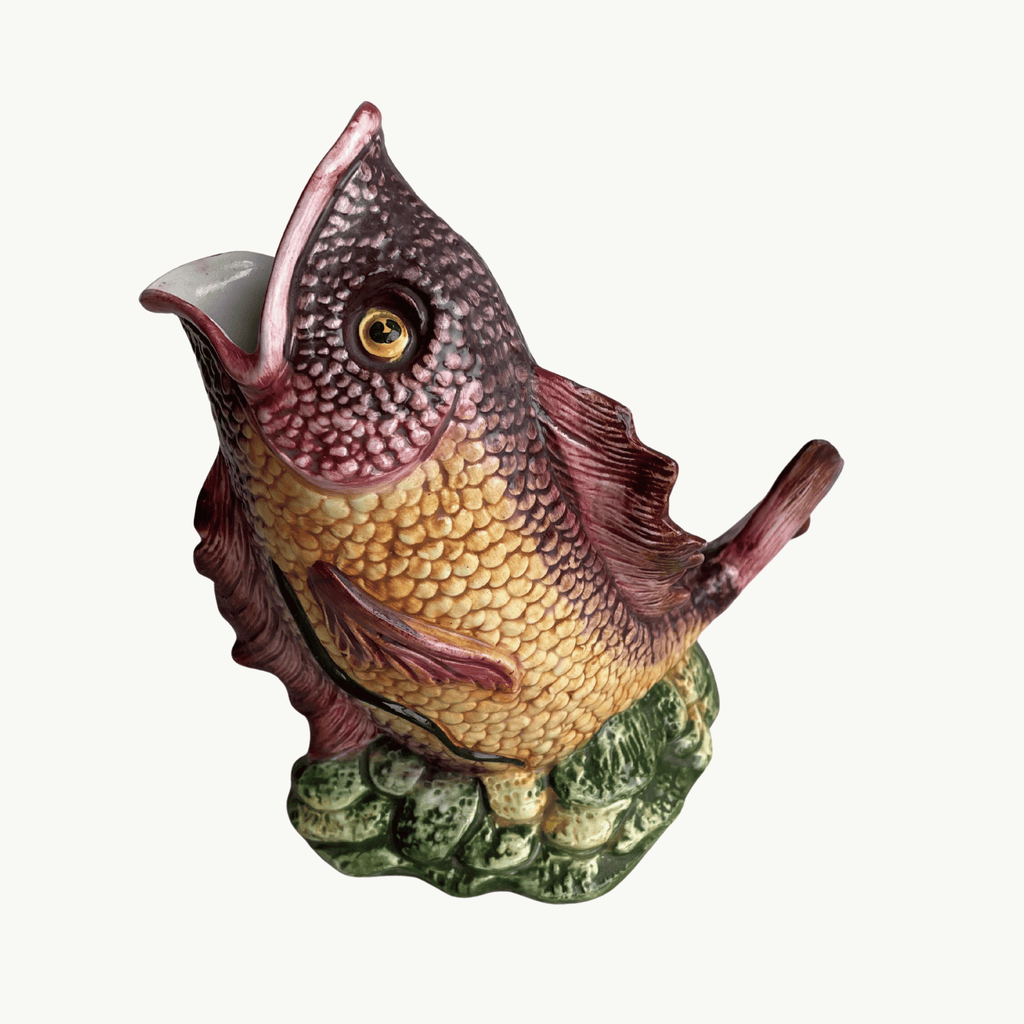Vintage Italian Fish Pitcher in Burgundy & Yellow, Upright Form