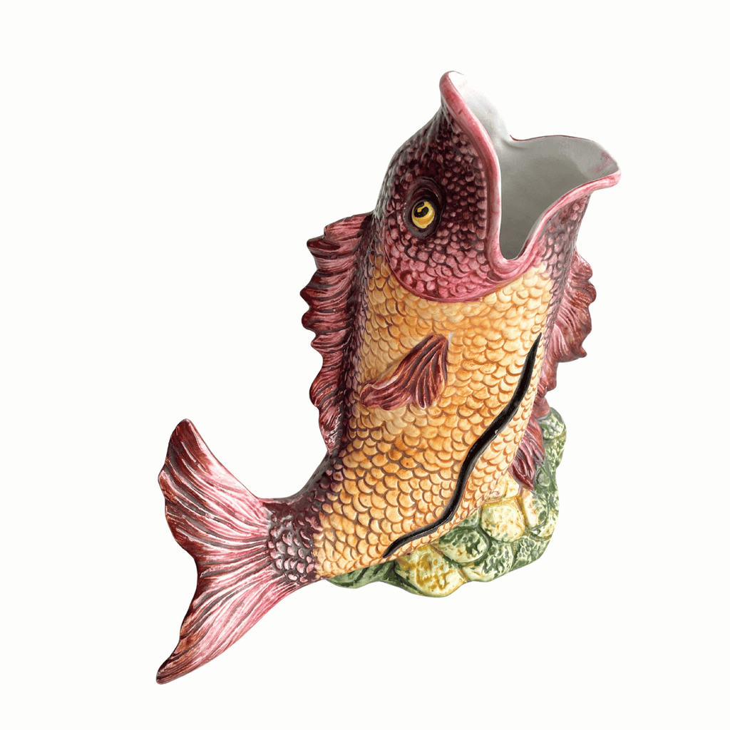 Vintage Italian Fish Pitcher in Burgundy & Yellow, Upright Form