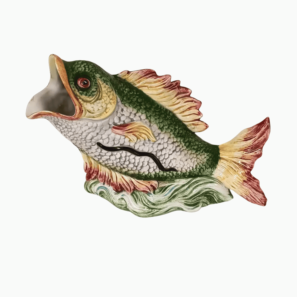 Vintage Italian Fish Pitcher in Green & Cream, Elongated Form