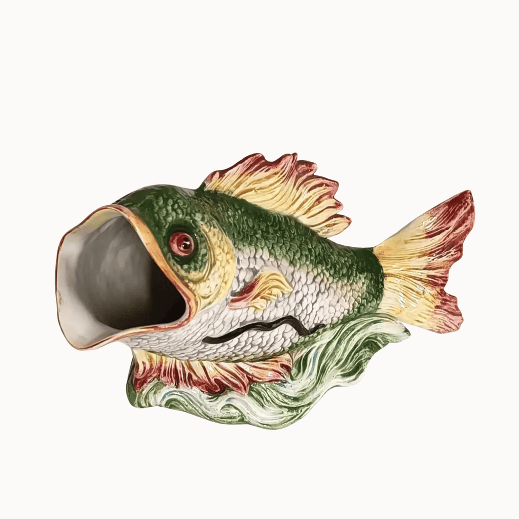 Vintage Italian Fish Pitcher in Green & Cream, Elongated Form