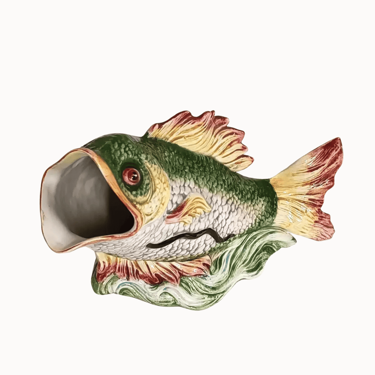 Vintage Italian Fish Pitcher in Green & Cream, Elongated Form