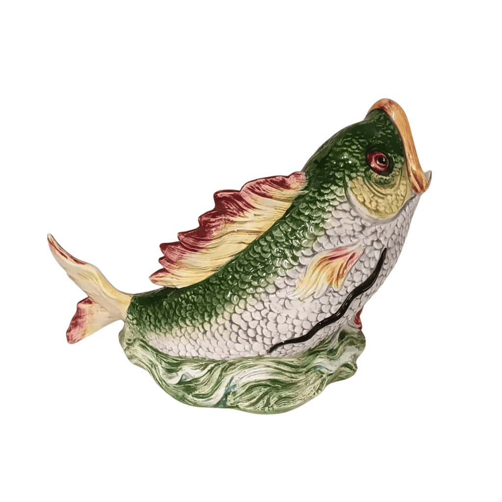 Vintage Italian Fish Pitcher in Green & Cream, Elongated Form