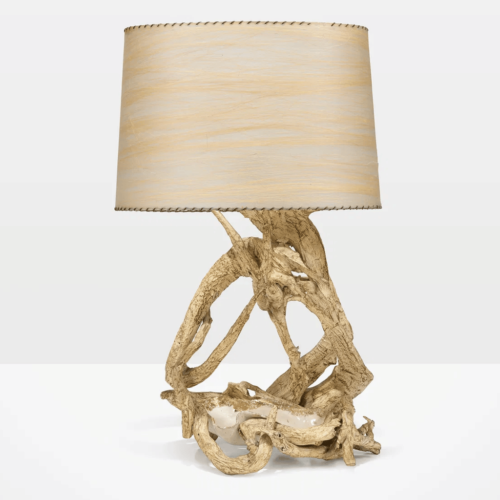 Vintage Sculptural Driftwood Table Lamp with Ceramic Tray