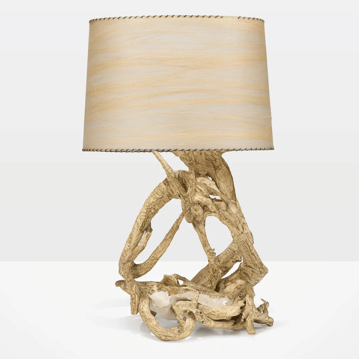 Vintage Sculptural Driftwood Table Lamp with Ceramic Tray