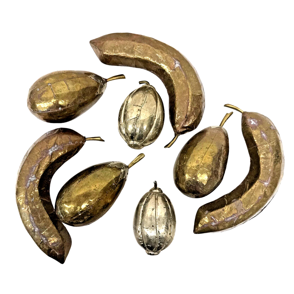 Vintage Brass-Clad Carved Wood Fruit, Set of Eight