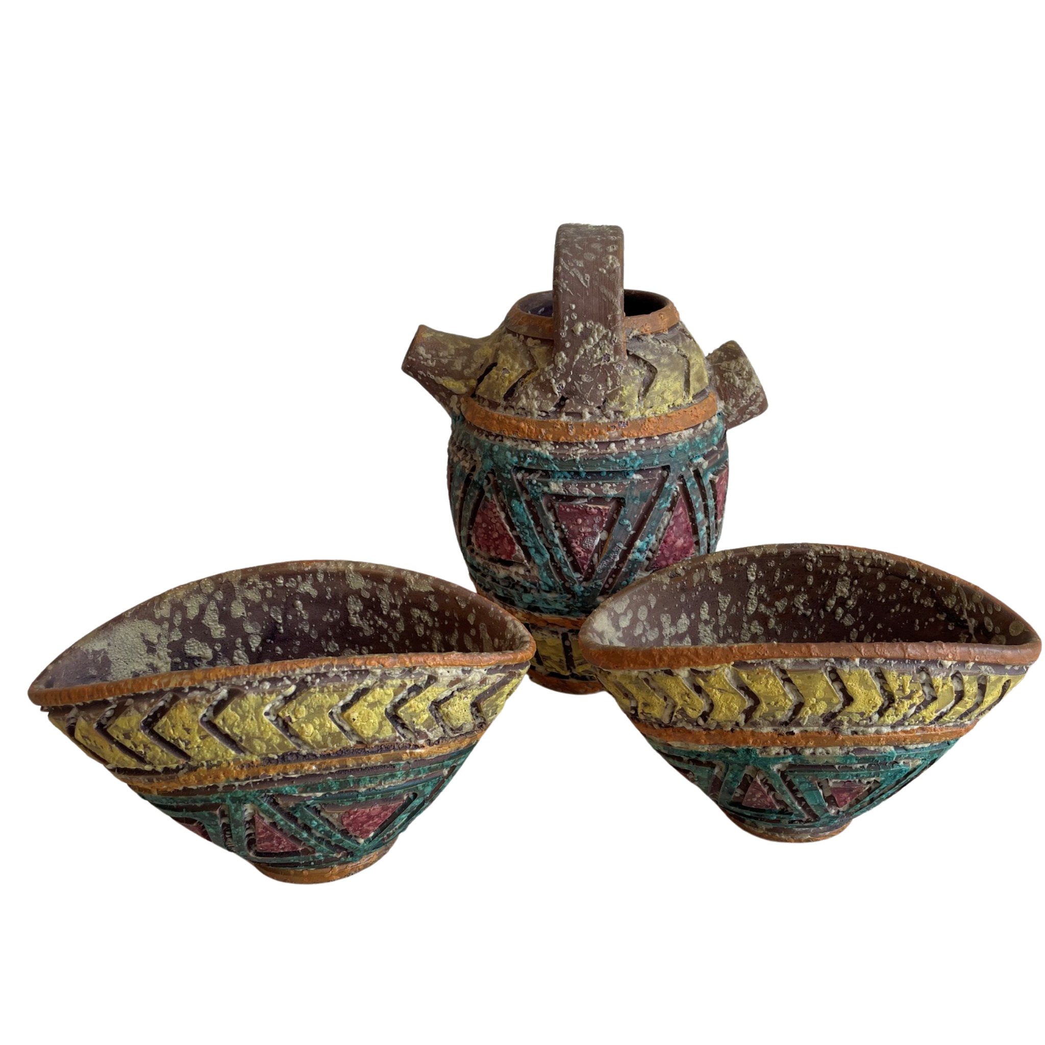 Set of Three Mid-Century Italian Lava Glaze Sgraffito Pottery Vessels