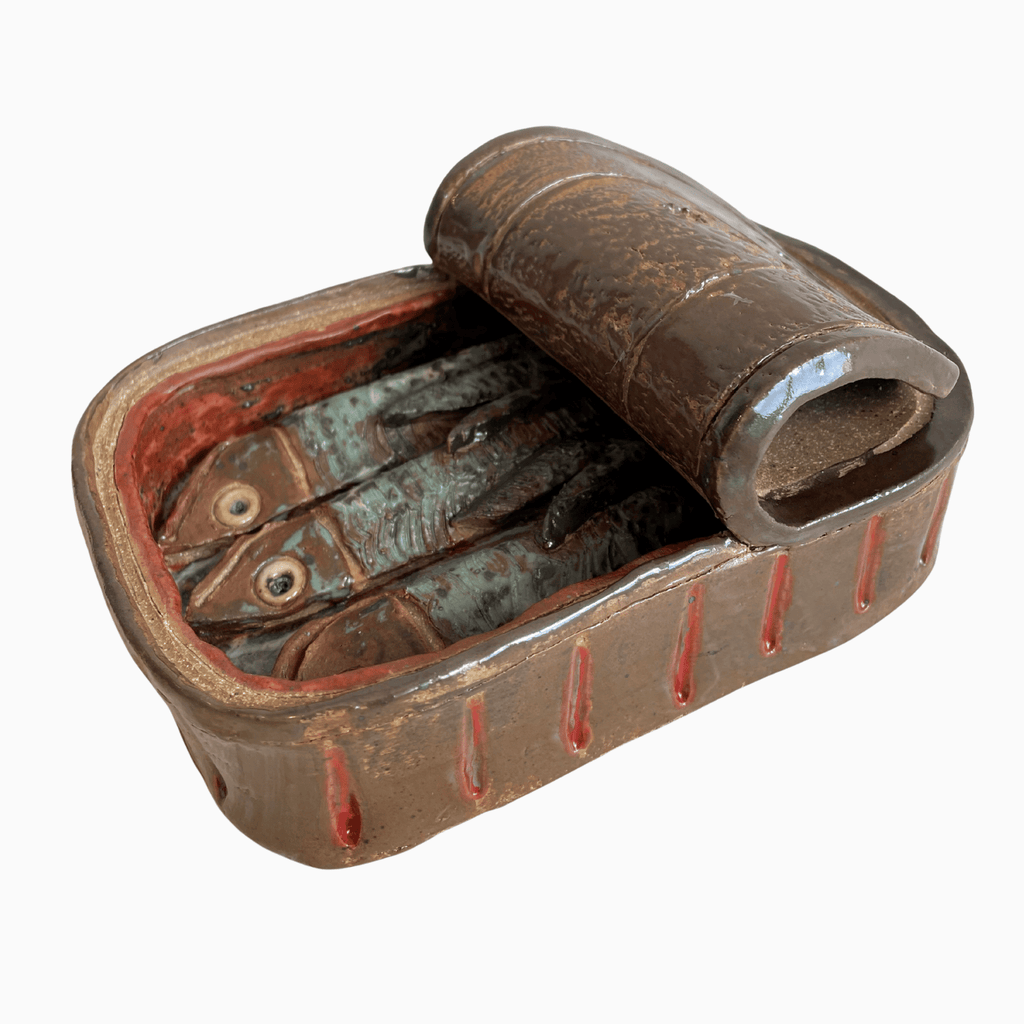Vintage Studio Art Stoneware Sardine Tin with Three Sardines