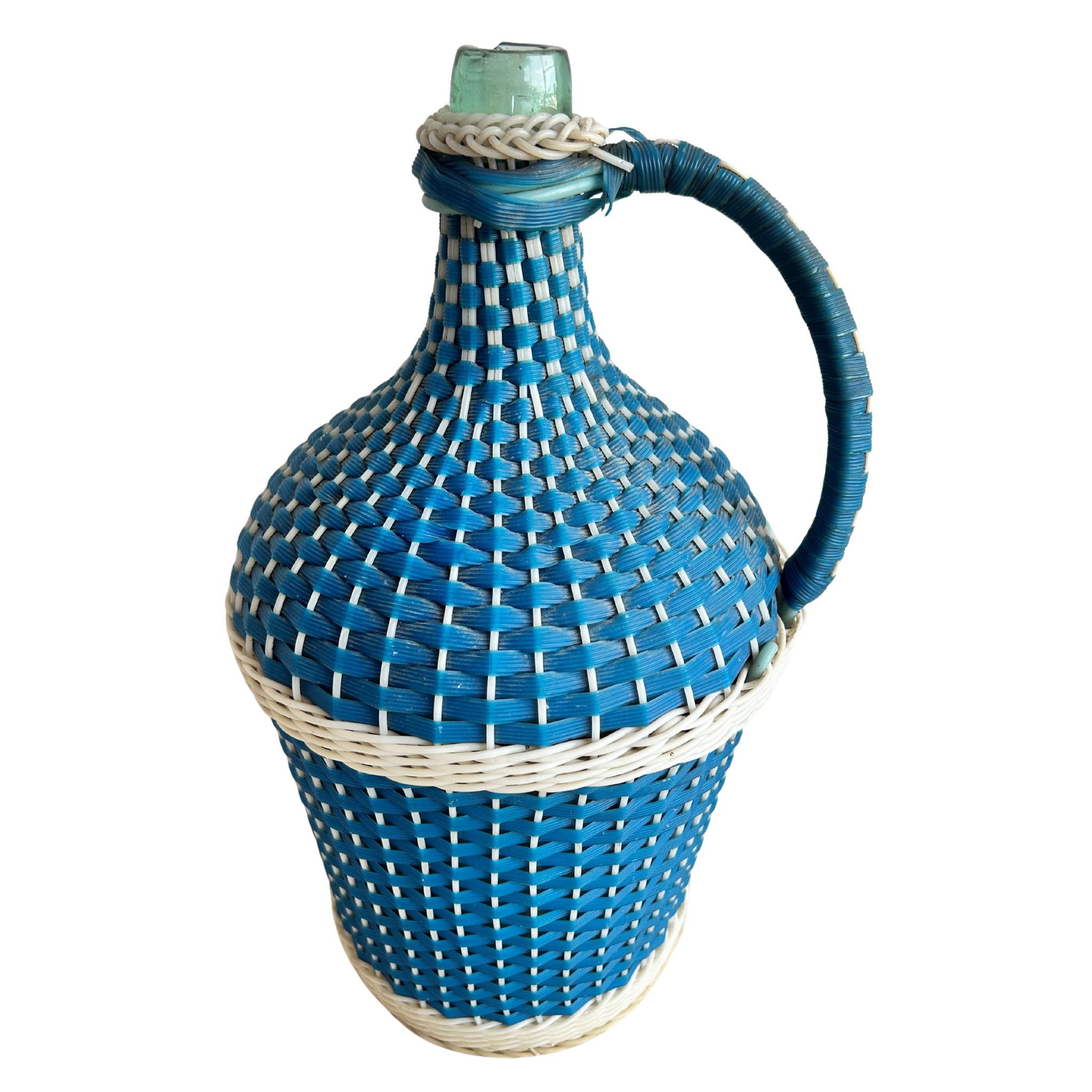 Vintage Blue & White Woven Demijohn Bottle – 18”