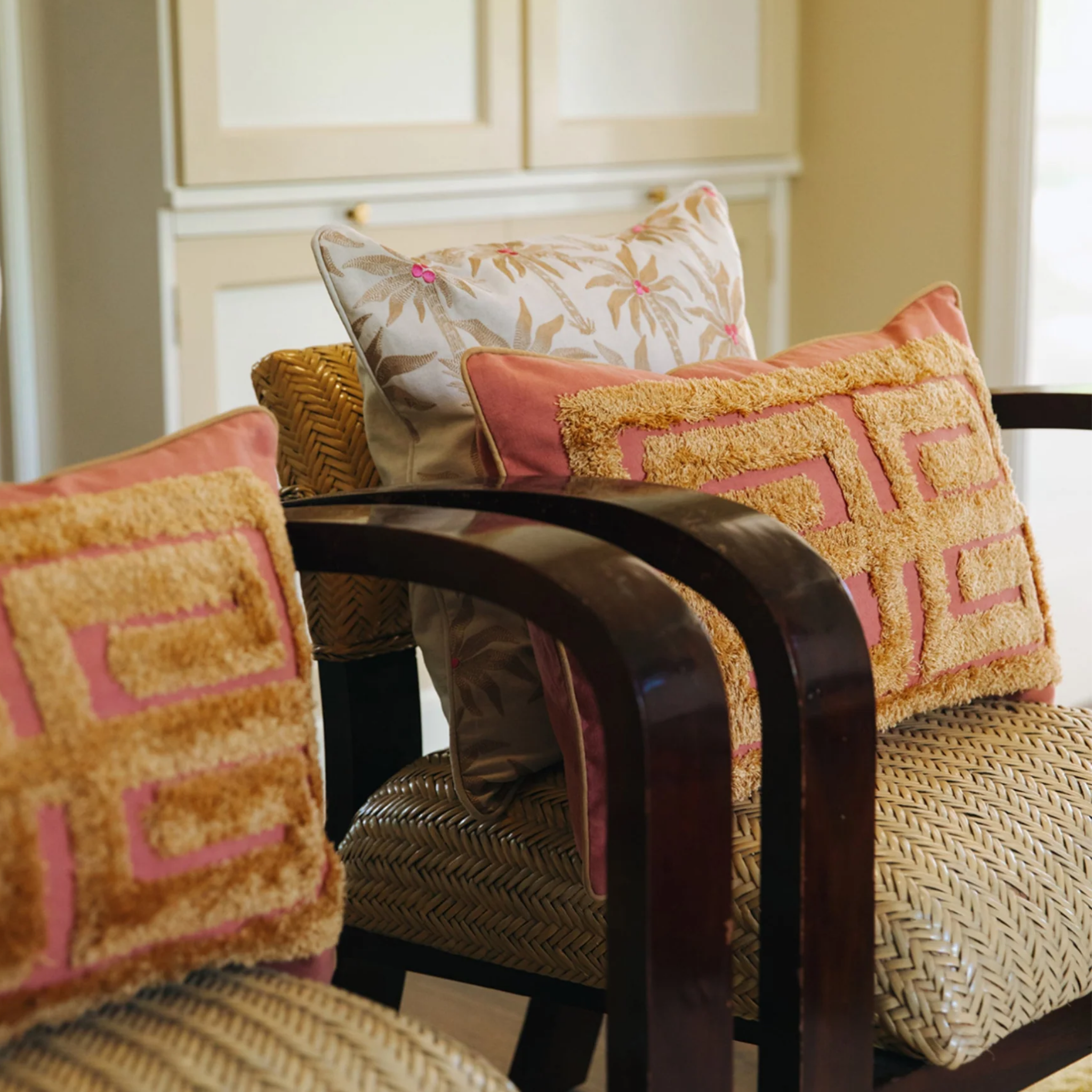 Labyrinth Pink & Raffia Cushion, 24" x 16"