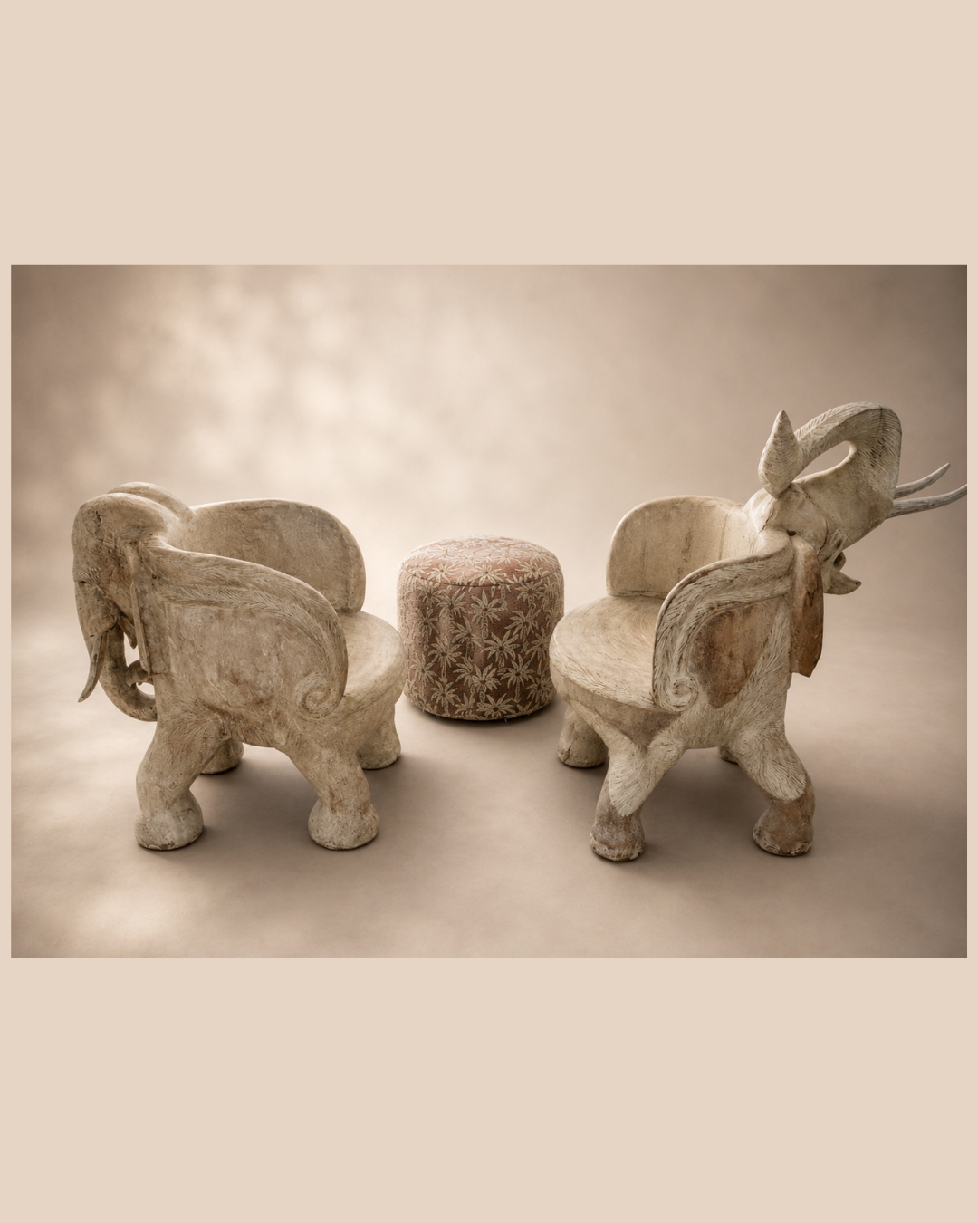 Vintage Hand Carved Elephant Benches, Pair
