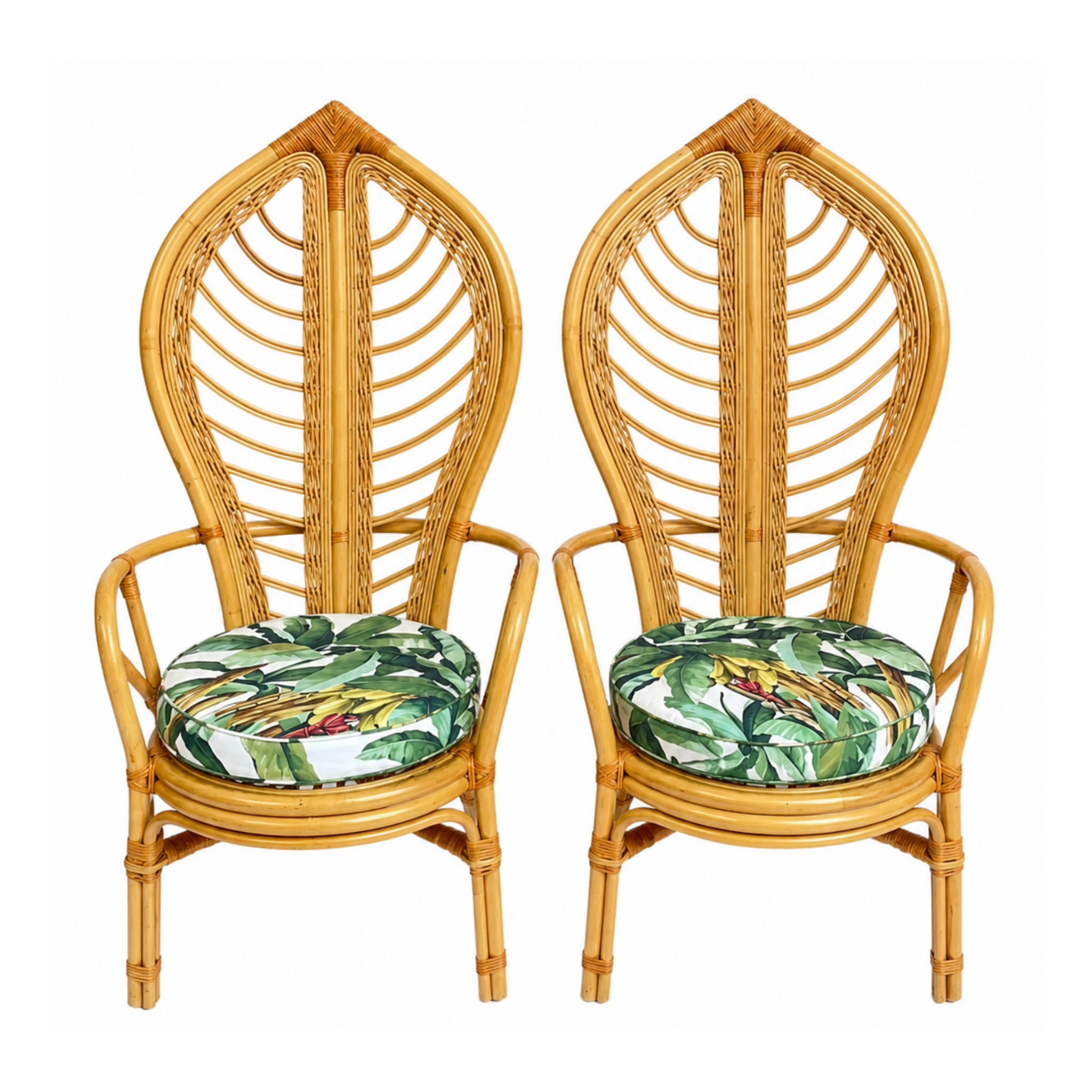 Pair of Vintage Coastal Bent Rattan Leaf High Back Armchairs