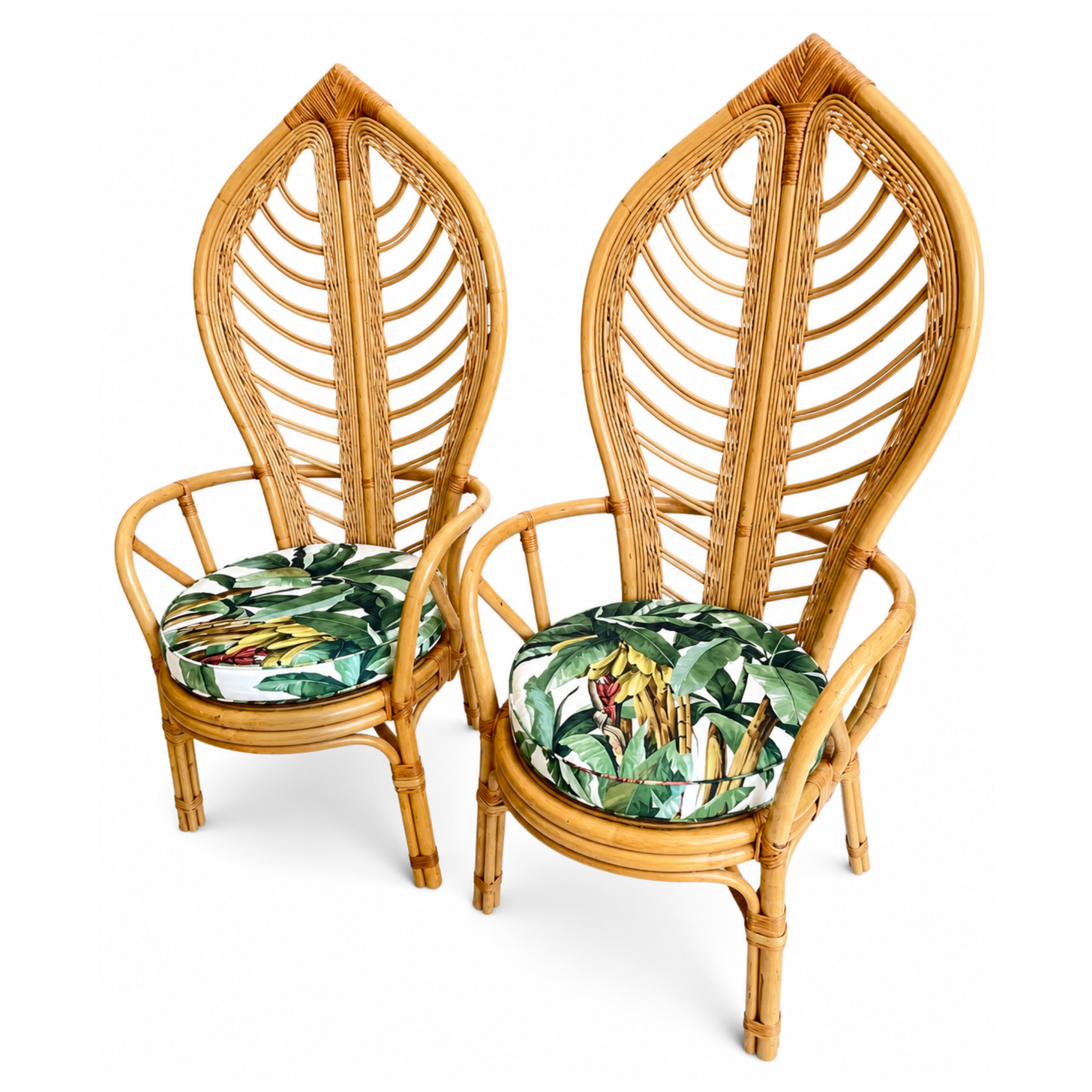 Pair of Vintage Coastal Bent Rattan Leaf High Back Armchairs