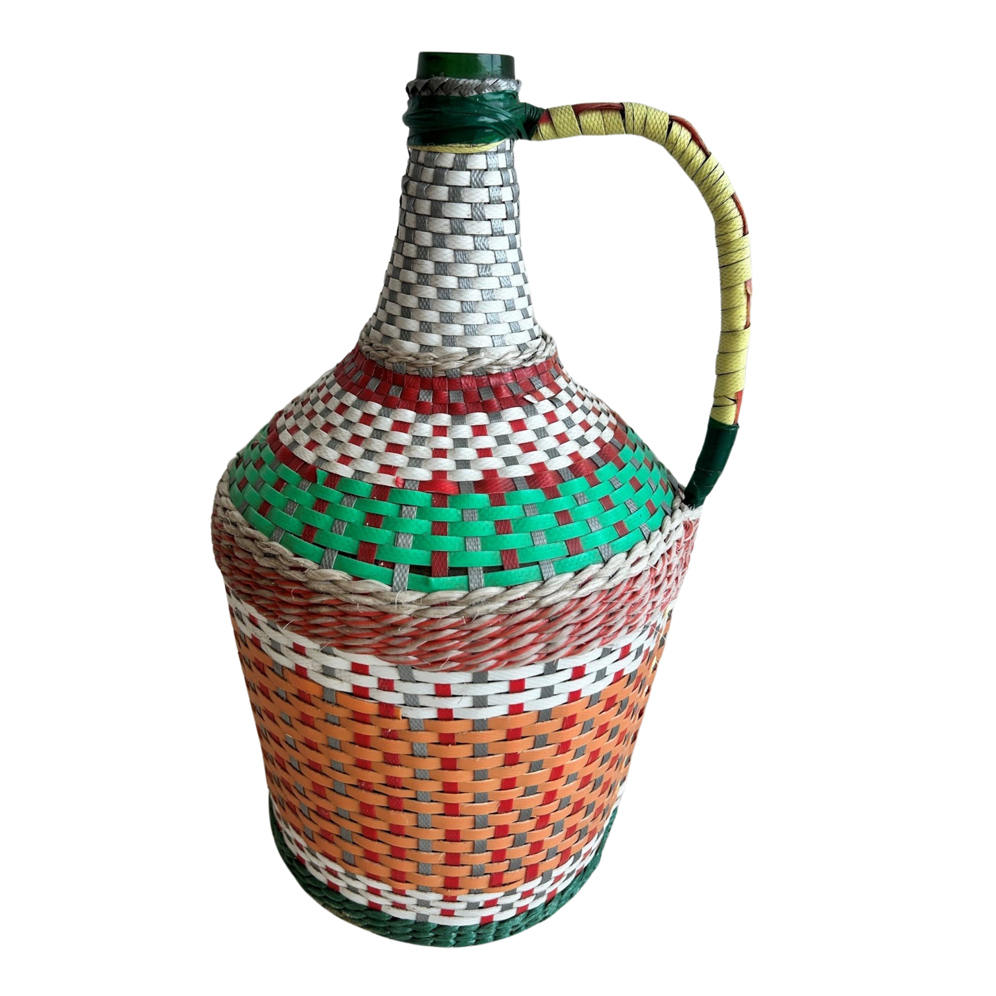 Vintage Orange, Green & White Woven Demijohn Bottle – 15”