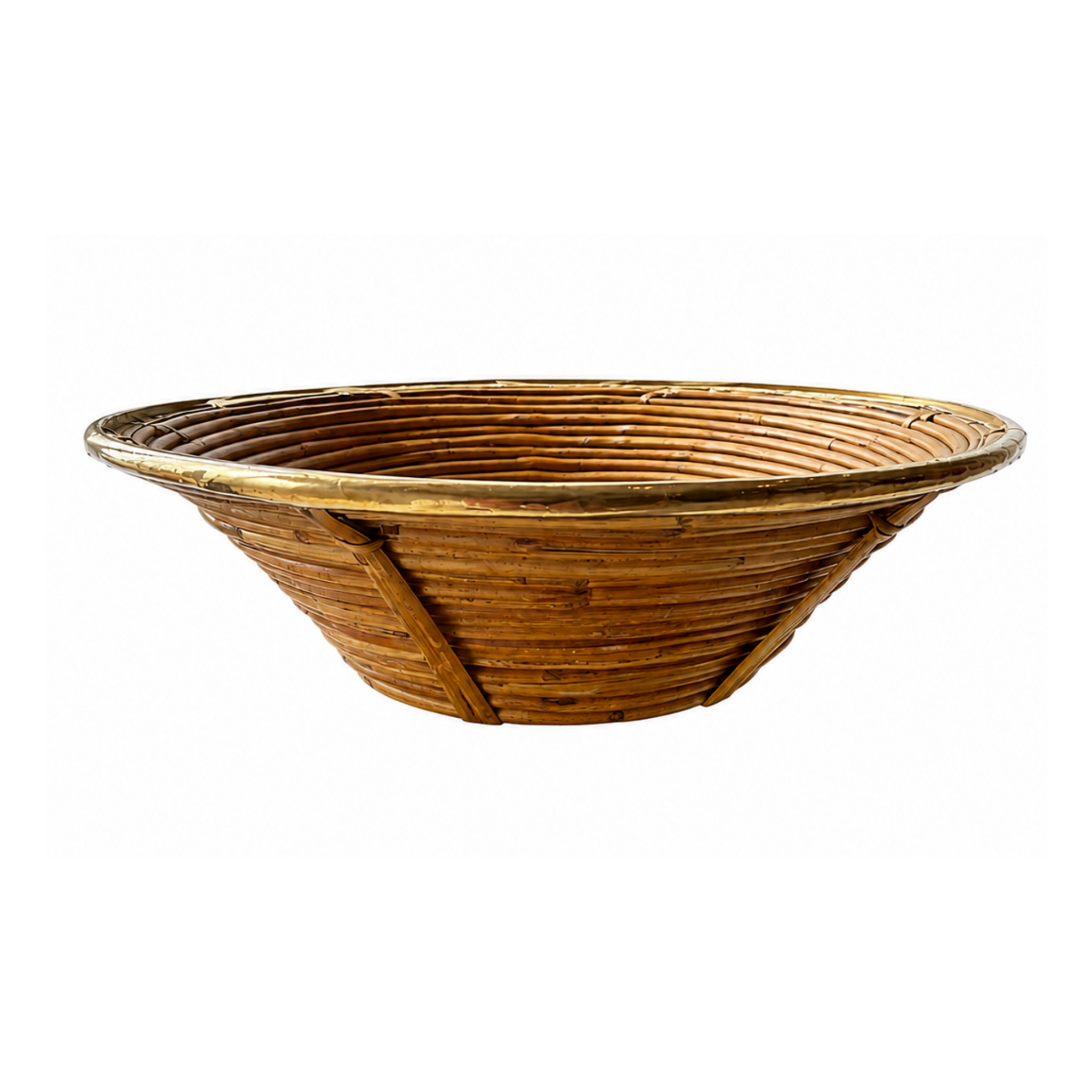 Italian Pencil Reed Rattan Bowl with Brass Trim, 14.5 in