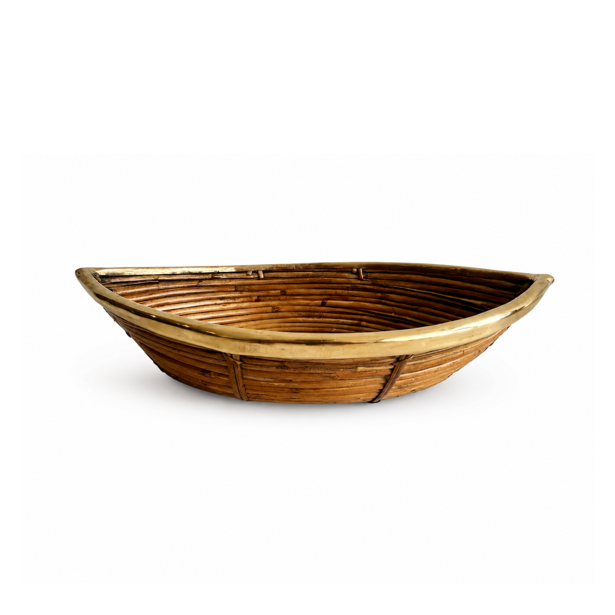 Italian Pencil Reed Rattan & Brass Boat Planter Bowl