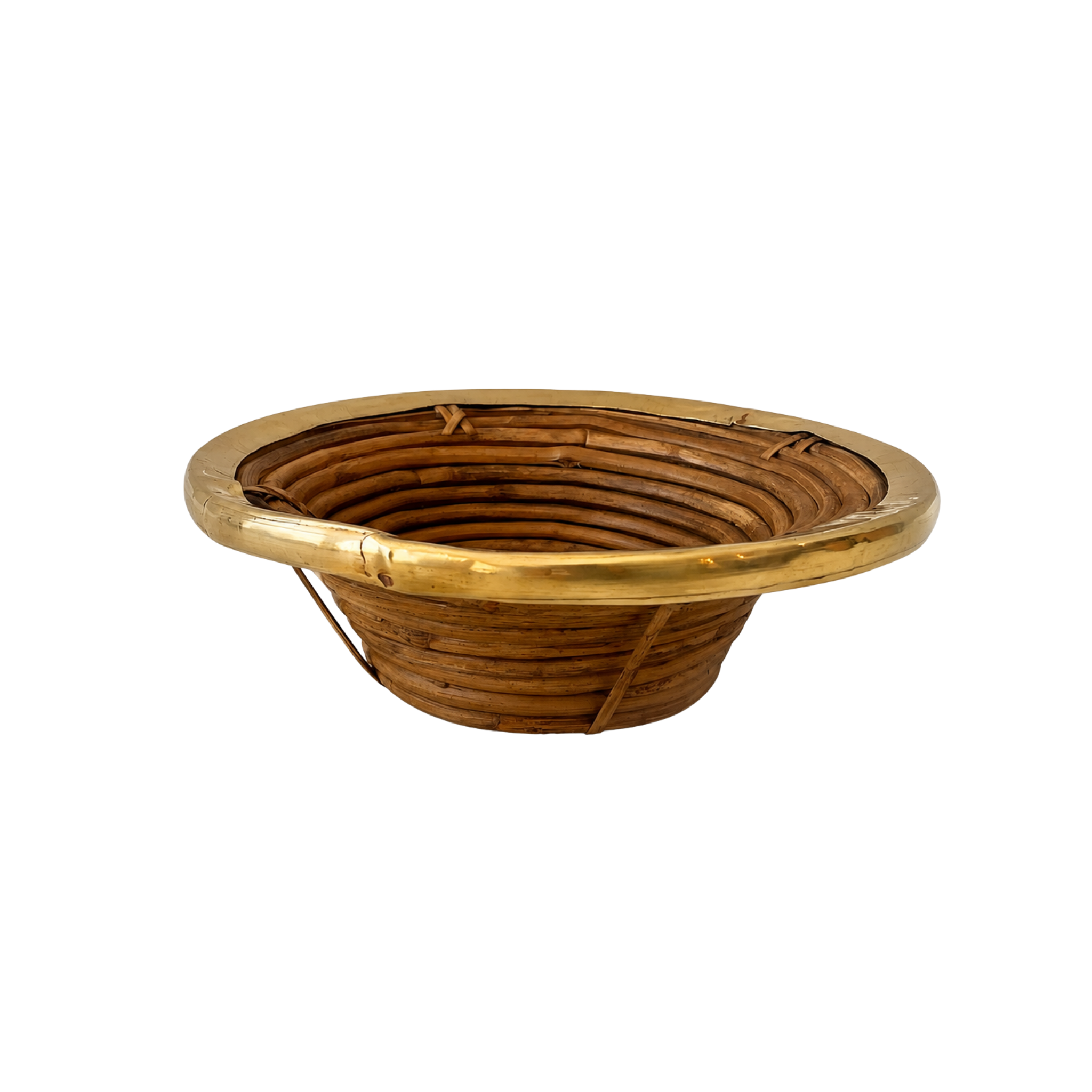 Italian Pencil Reed Rattan Bowl with Brass Trim, 11 in