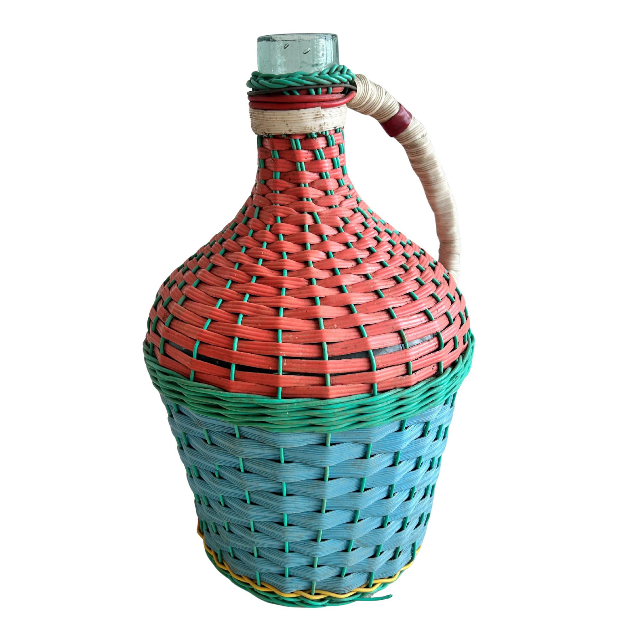 Vintage Pink, Green & Light Blue Woven Demijohn Bottle – 17”