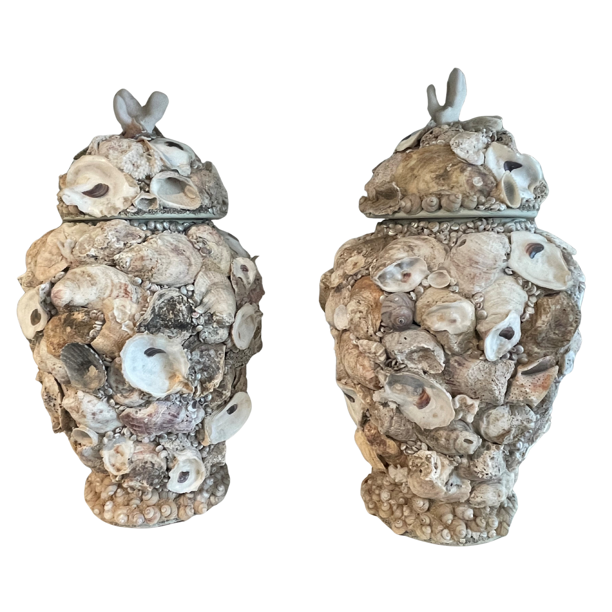 Large Shell-Encrusted Urns with Lids