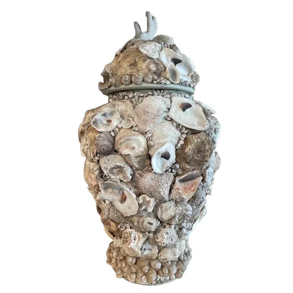 Large Shell-Encrusted Urns with Lids