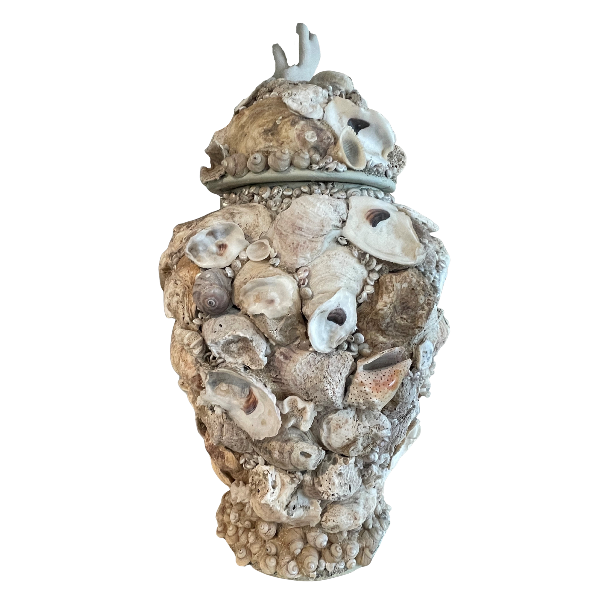 Large Shell-Encrusted Urns with Lids