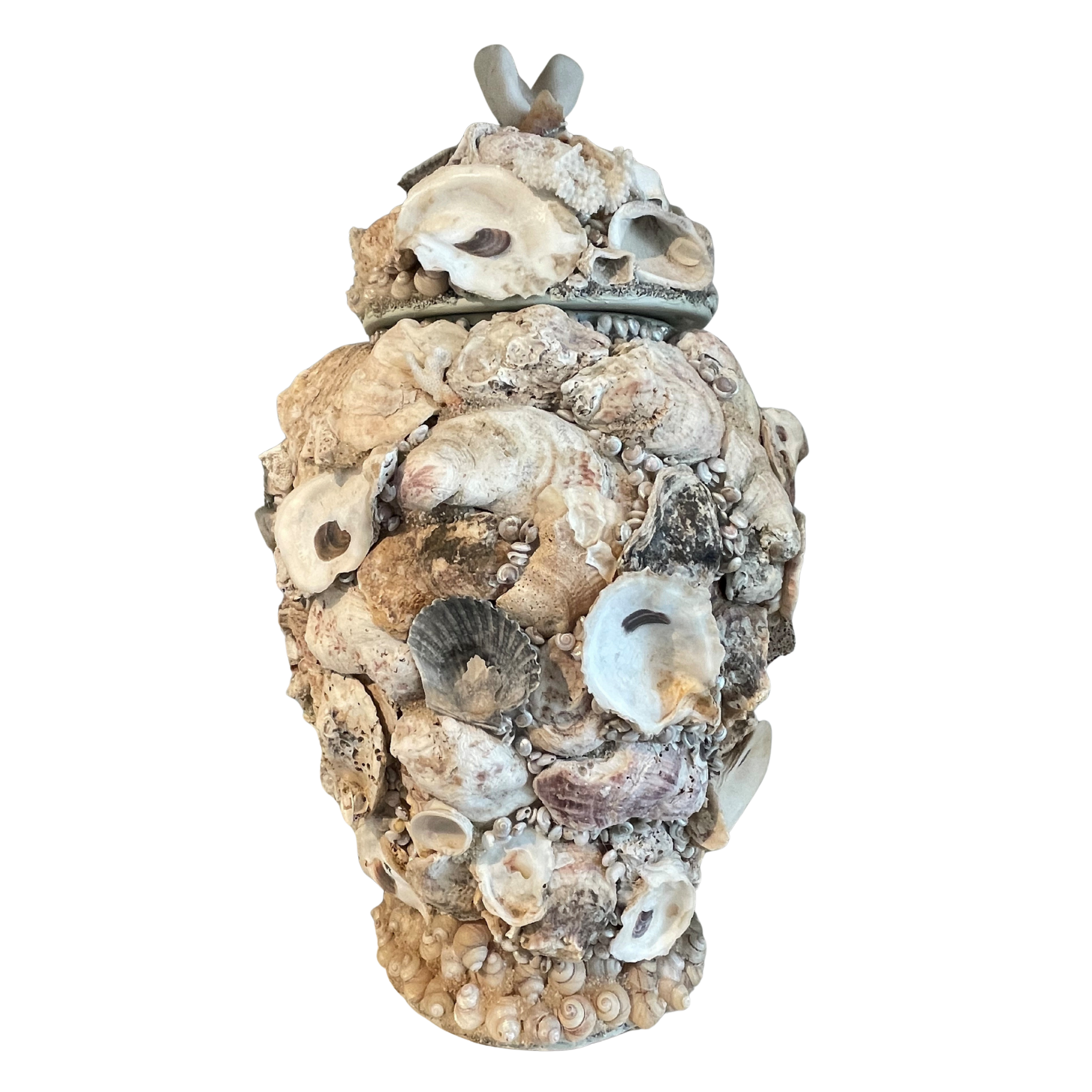 Large Shell-Encrusted Urns with Lids