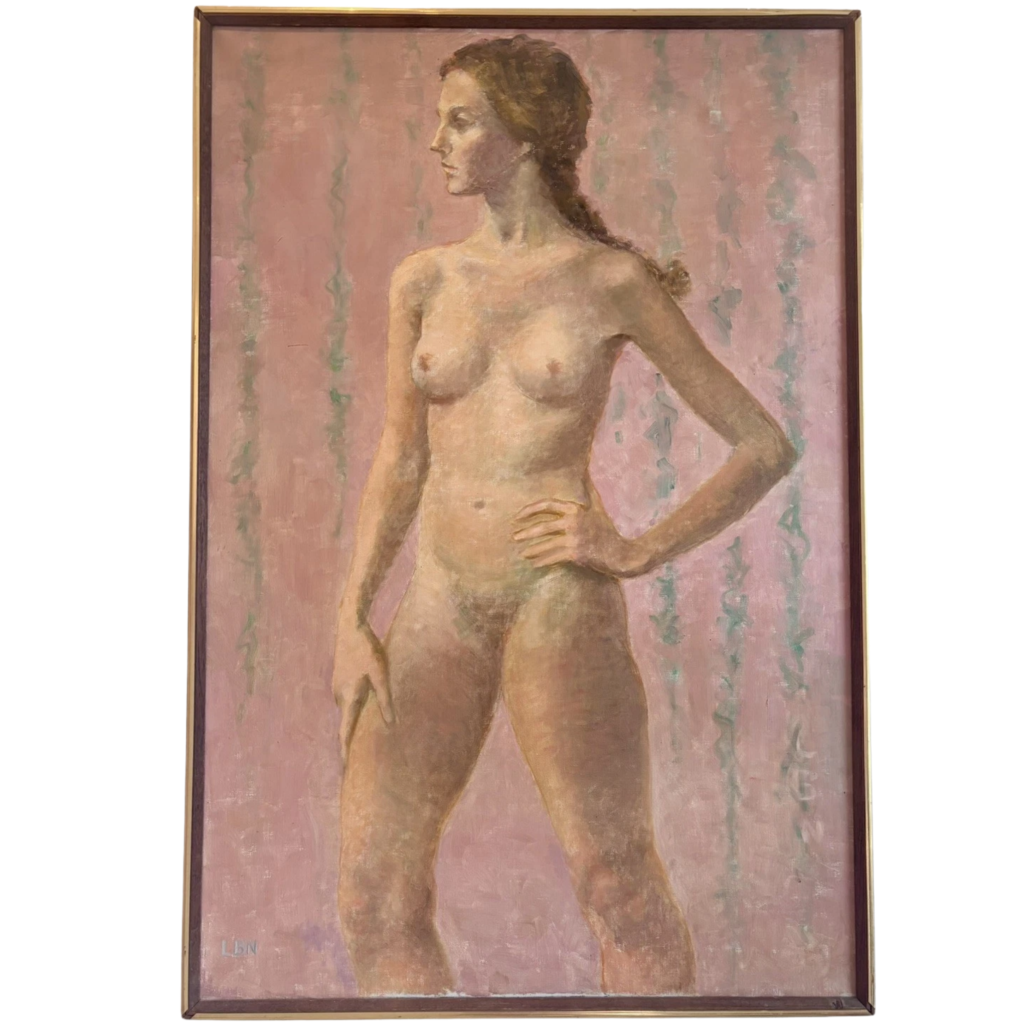 Mid-Century Female Nude Portrait, Oil on Canvas, Signed LBN