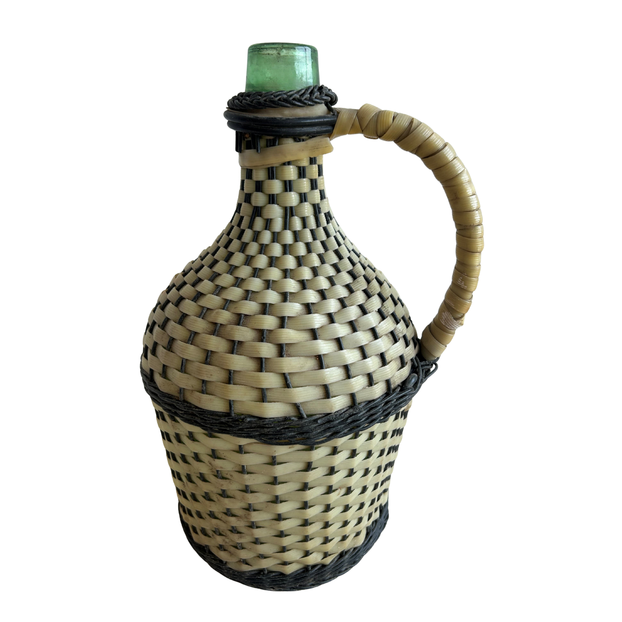Vintage White With Gray Woven Demijohn Bottle – 13”