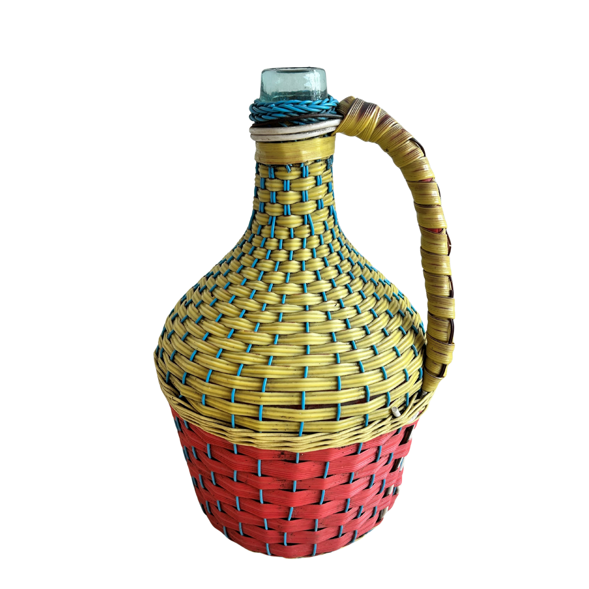 Vintage Yellow & Pink Woven Demijohn Bottle – 14”
