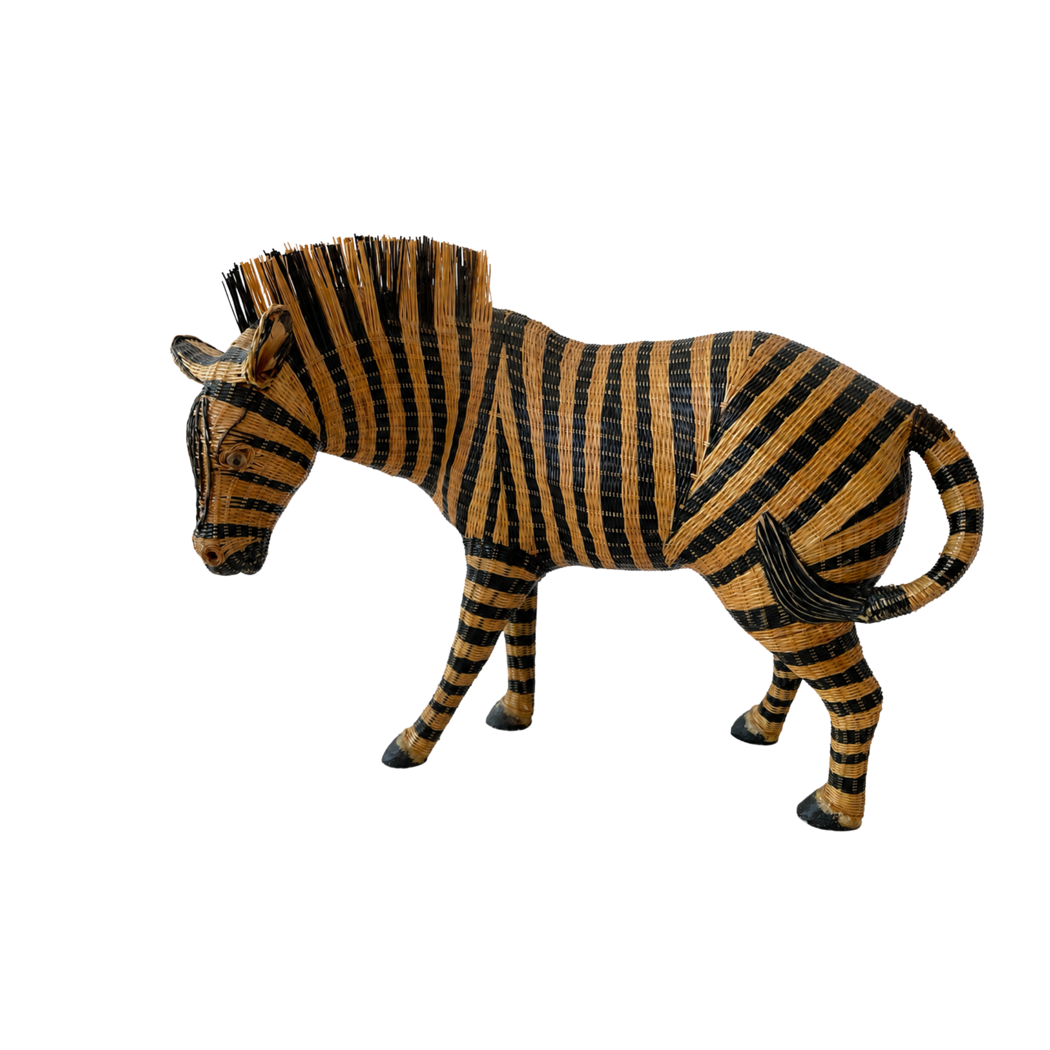 Vintage Hand-Woven Wicker Zebra Sculpture with Glass Eyes